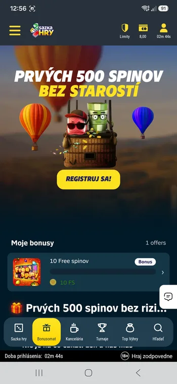 Bonusomat v aplikácii Sazka Hry so sekciou Moje bonusy a aktívnym balíkom free spinov