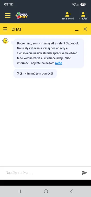 Chat v aplikácii Sazka Hry, ktorý otvára virtuálny asistent Sazkabot ešte pred prihlásením