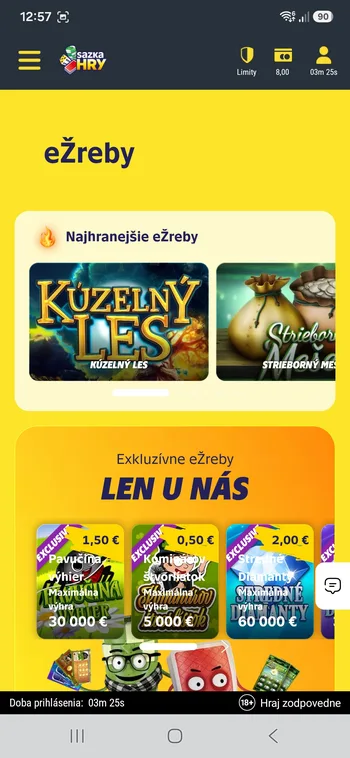 Sekcia eŽreby v aplikácii Sazka Hry s najhranejšími a exkluzívnymi žrebmi