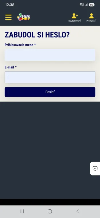 Formulár Zabudol si heslo v aplikácii Sazka Hry s poľami prihlasovacie meno a e-mail