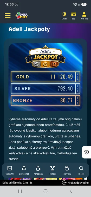 Stránka Jackpoty v aplikácii Sazka Hry s trojstupňovým jackpotom Adell