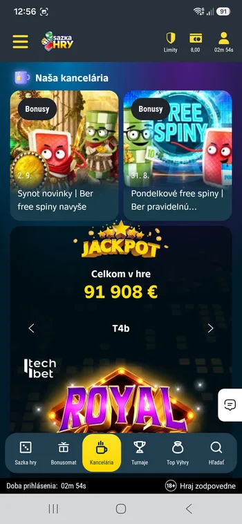 Sekcia Kancelária v aplikácii Sazka Hry s akciami Pondelkové free spiny a Synot novinky a jackpotom