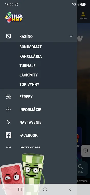 Ľavé menu aplikácie Sazka Hry s rozbalenou sekciou Kasíno, eŽrebmi a Nastavením