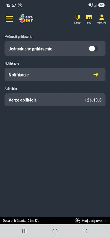 Nastavenie aplikácie Sazka Hry s prepínačom Jednoduché prihlásenie, upozorneniami a verziou appky