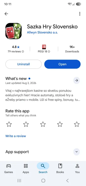 Karta aplikácie Sazka Hry Slovensko v Google Play s vydavateľom Allwyn Slovensko a.s., hodnotením 4,8 a označením PEGI 18