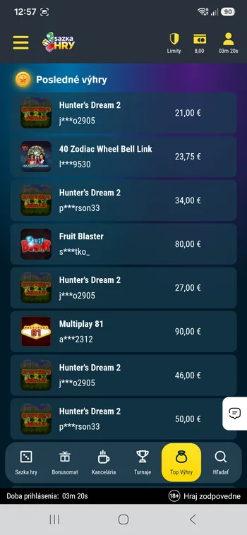 Sekcia Top výhry v aplikácii Sazka Hry so zoznamom posledných výhier hráčov