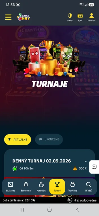 Sekcia Turnaje v aplikácii Sazka Hry s denným turnajom a odpočtom do konca