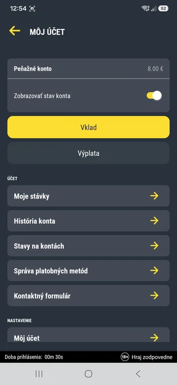 Sekcia Môj účet v aplikácii Sazka Hry s tlačidlami Vklad a Výplata