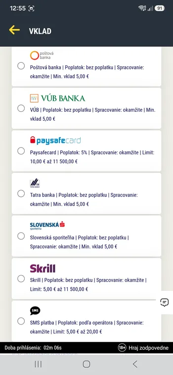 Zoznam vkladových metód v aplikácii Sazka Hry s limitmi a poplatkami