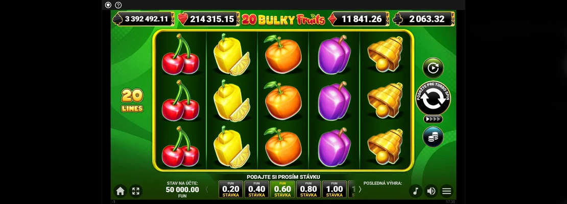 20 Bulky Fruits – prvá obrazovka automatu