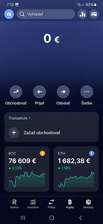 Revolut mobilná aplikácia - Krypto záložka